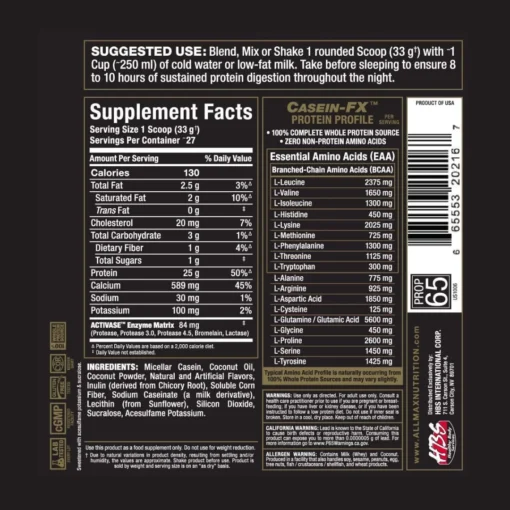 Allmax Casein-FX Protein Supplement Facts